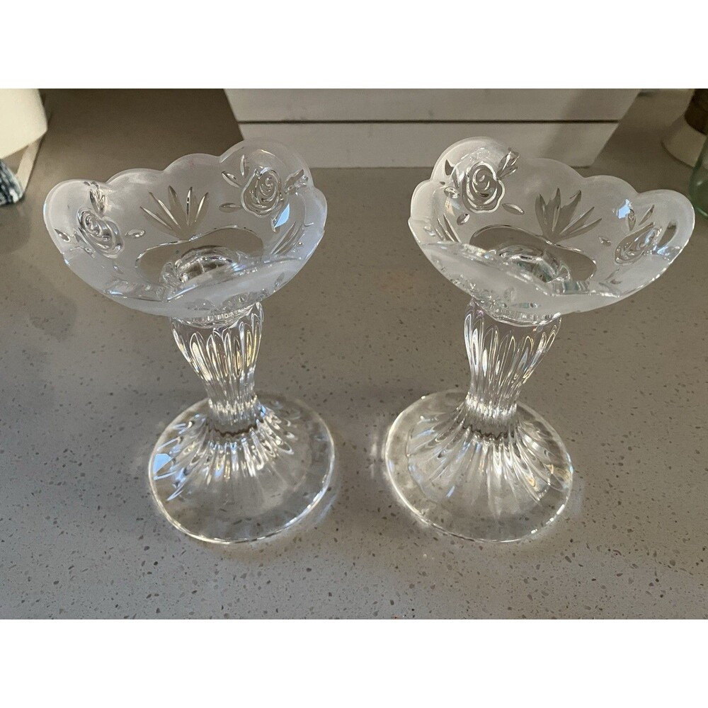 Oneida Lead Crystal Candlesticks Southern Rose Garden set of 2 holders vintage